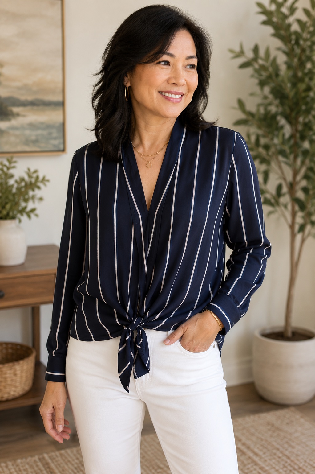 Model wearing a navy and white striped tie-front blouse with white pants in a neutral room