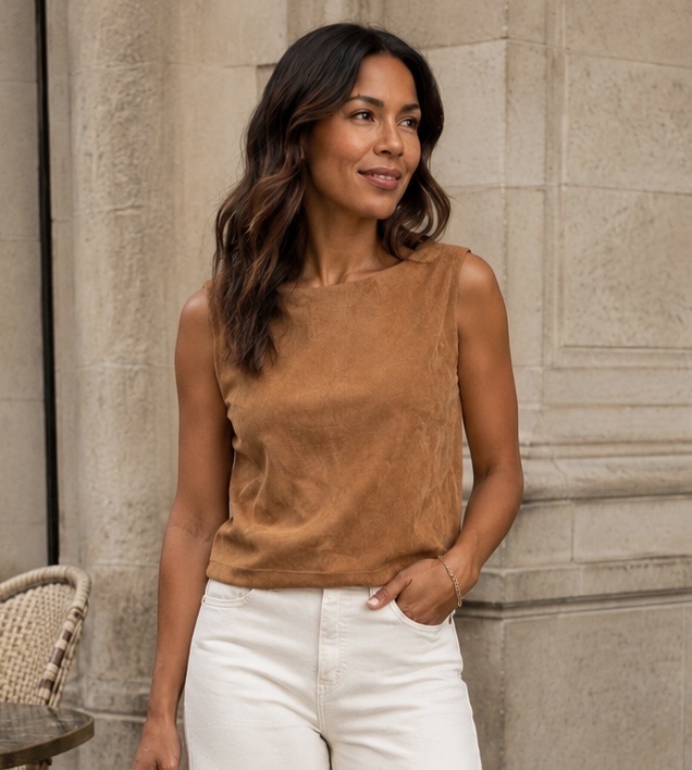 Woman wearing a cognac suede-look sleeveless tank with ivory trousers outside a café