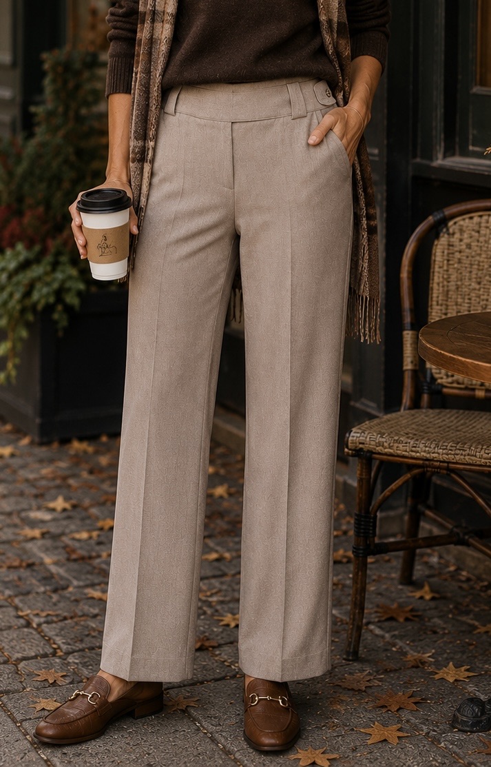 Beige wide-leg tailored trousers styled with a chocolate sweater, scarf, and brown loafers